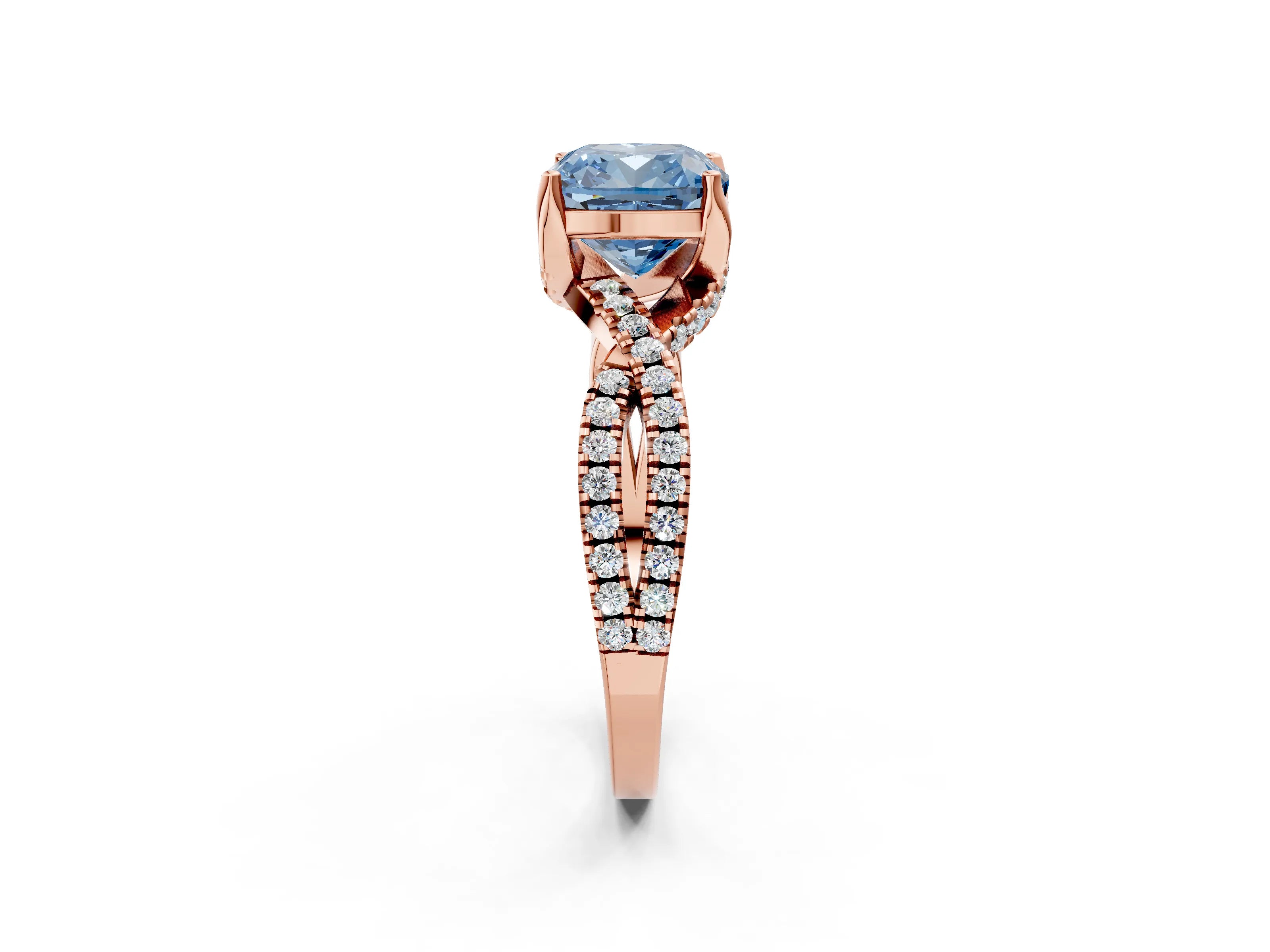 Rose gold Fancy Blue Cushion Cut Solitaire Twist Pave Diamond Engagement Ring with Prong Setting_2