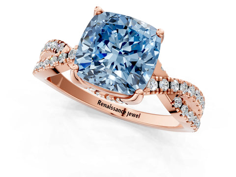 Rose gold Fancy Blue Cushion Cut Solitaire Twist Pave Diamond Engagement Ring with Prong Setting_25