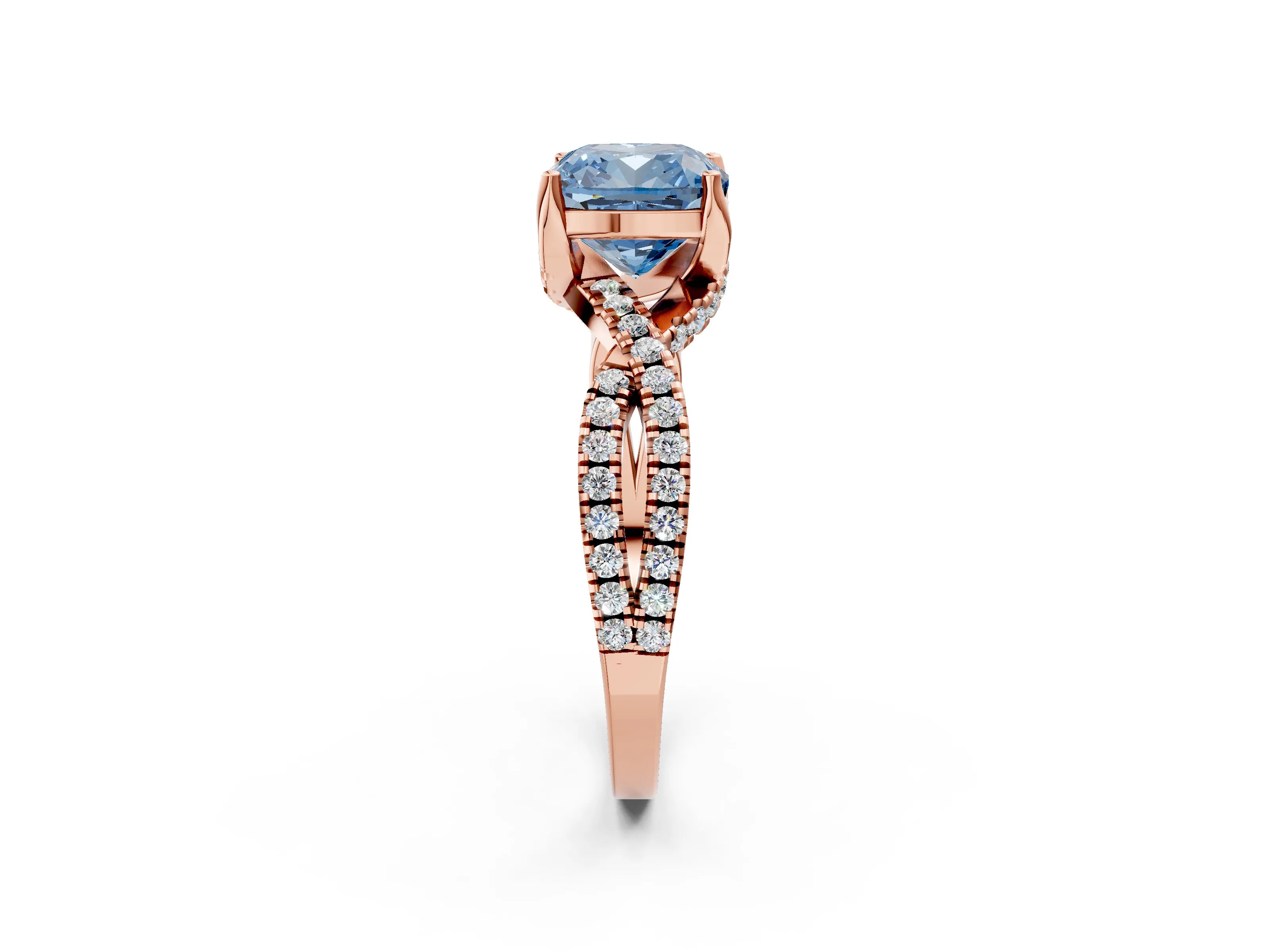 Rose gold Fancy Blue Cushion Cut Solitaire Twist Pave Diamond Engagement Ring with Prong Setting_26