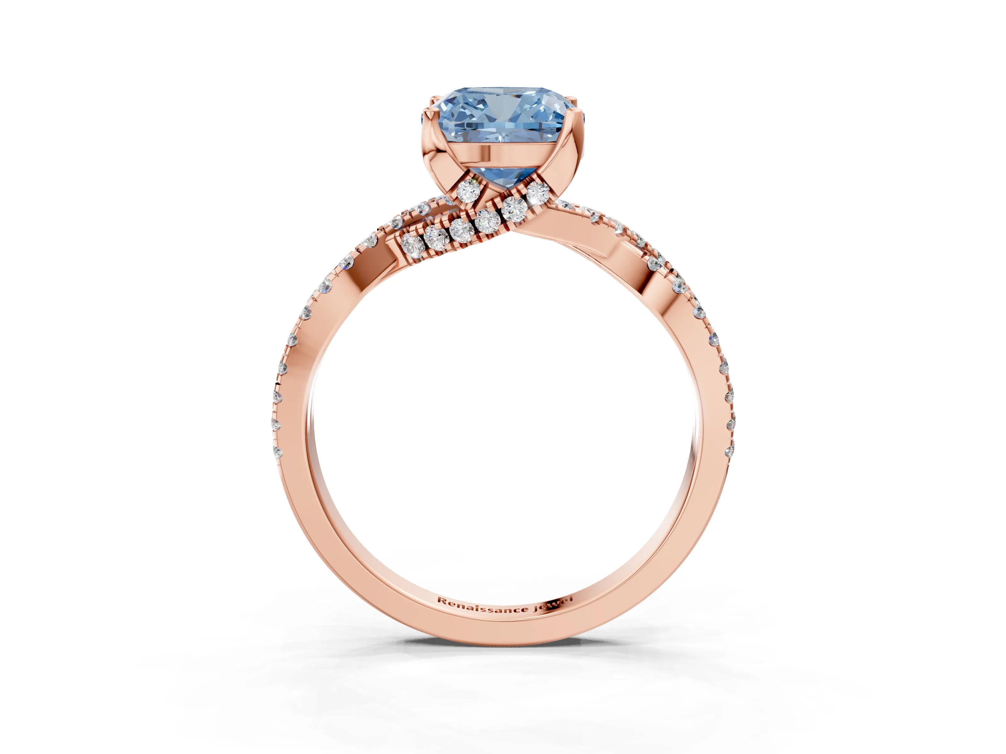 Rose gold Fancy Blue Cushion Cut Solitaire Twist Pave Diamond Engagement Ring with Prong Setting_3