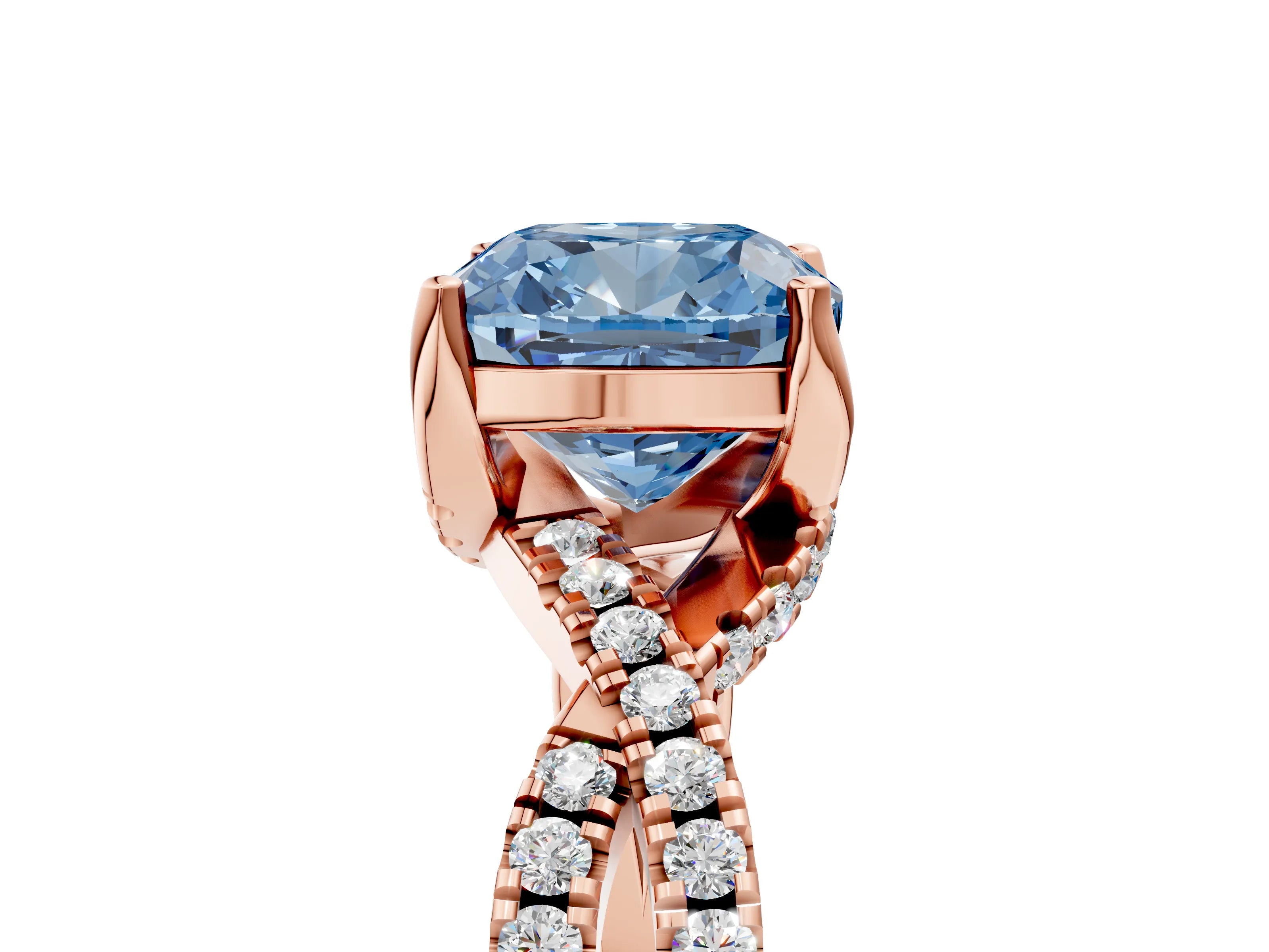 Rose gold Fancy Blue Cushion Cut Solitaire Twist Pave Diamond Engagement Ring with Prong Setting_5