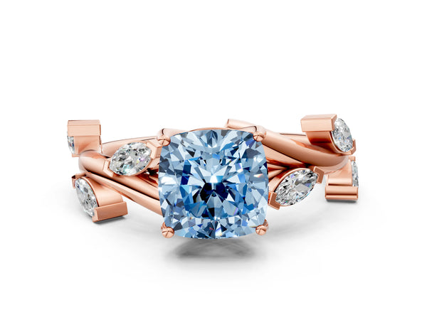 Rose gold Fancy Blue Cushion Cut Solitaire Twisted Band Marquise Accent Prong Setting Ring