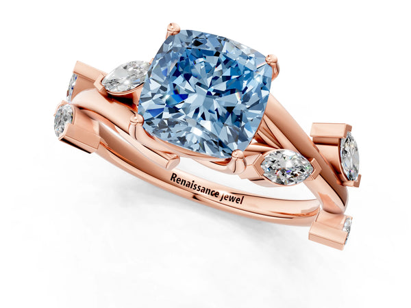 Rose gold Fancy Blue Cushion Cut Solitaire Twisted Band Marquise Accent Prong Setting Ring