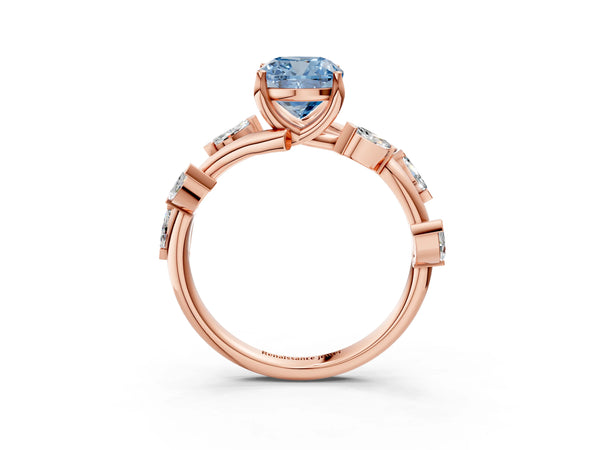 Rose gold Fancy Blue Cushion Cut Solitaire Twisted Band Marquise Accent Prong Setting Ring