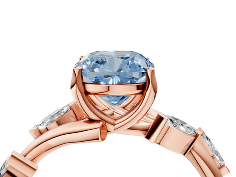 Rose gold Fancy Blue Cushion Cut Solitaire Twisted Band Marquise Accent Prong Setting Ring_4