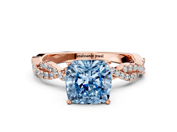 Rose gold Fancy Blue Cushion Cut Solitaire Twisted Pave Band with Four-Prong Setting