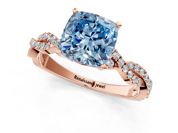 Rose gold Fancy Blue Cushion Cut Solitaire Twisted Pave Band with Four-Prong Setting