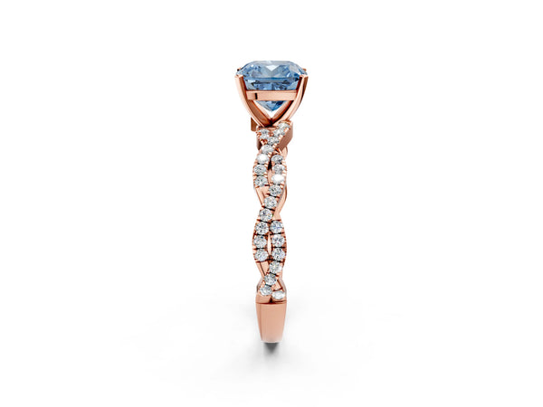 Rose gold Fancy Blue Cushion Cut Solitaire Twisted Pave Band with Four-Prong Setting