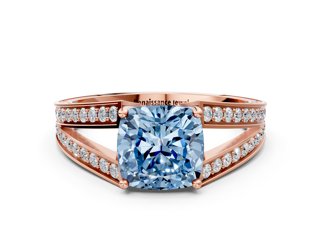 Rose gold Fancy Blue Cushion  Cut Split Shank Pave Diamond Ring with Four-Prong Setting_44