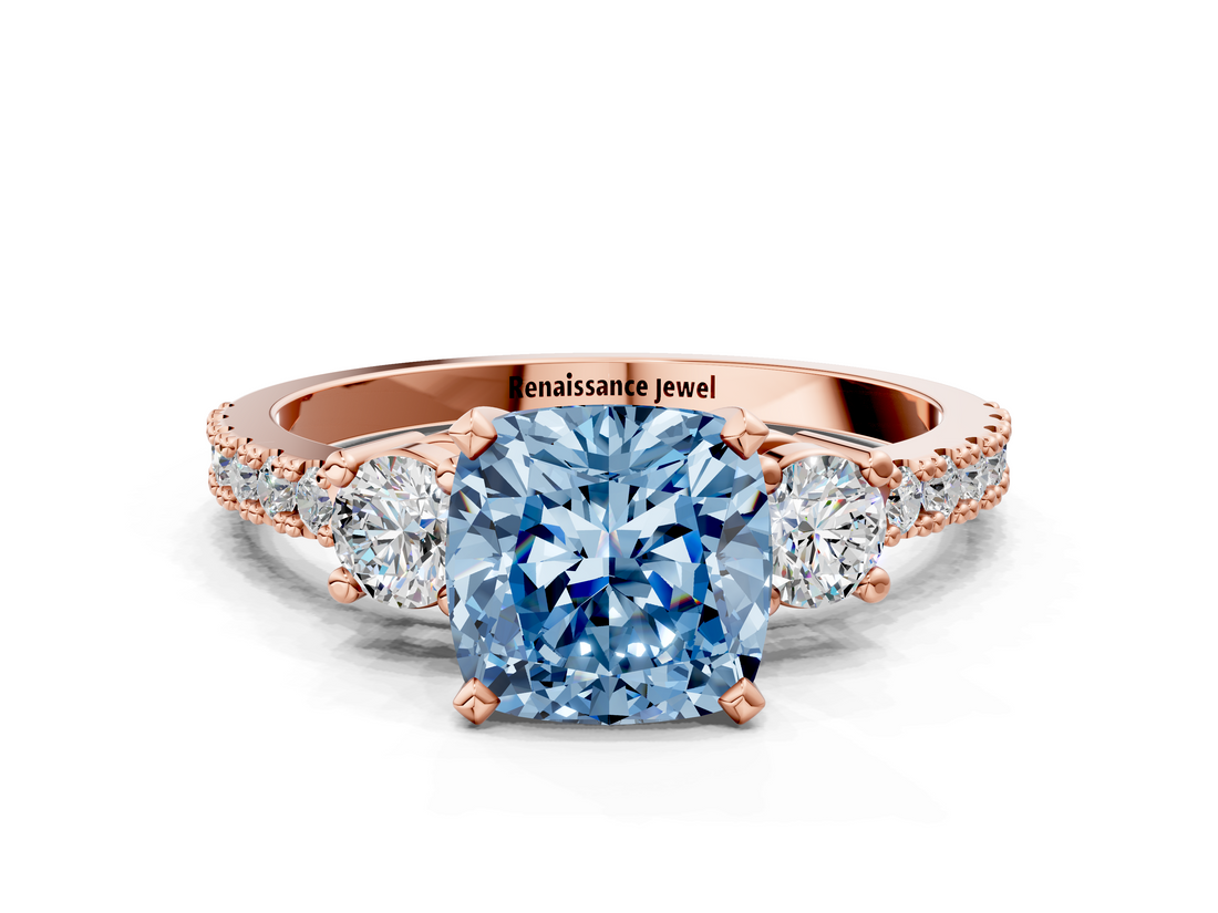 Rose gold Fancy Blue Cushion  Cut Three-Stone Diamond Pavé Band with Prong Setting_17