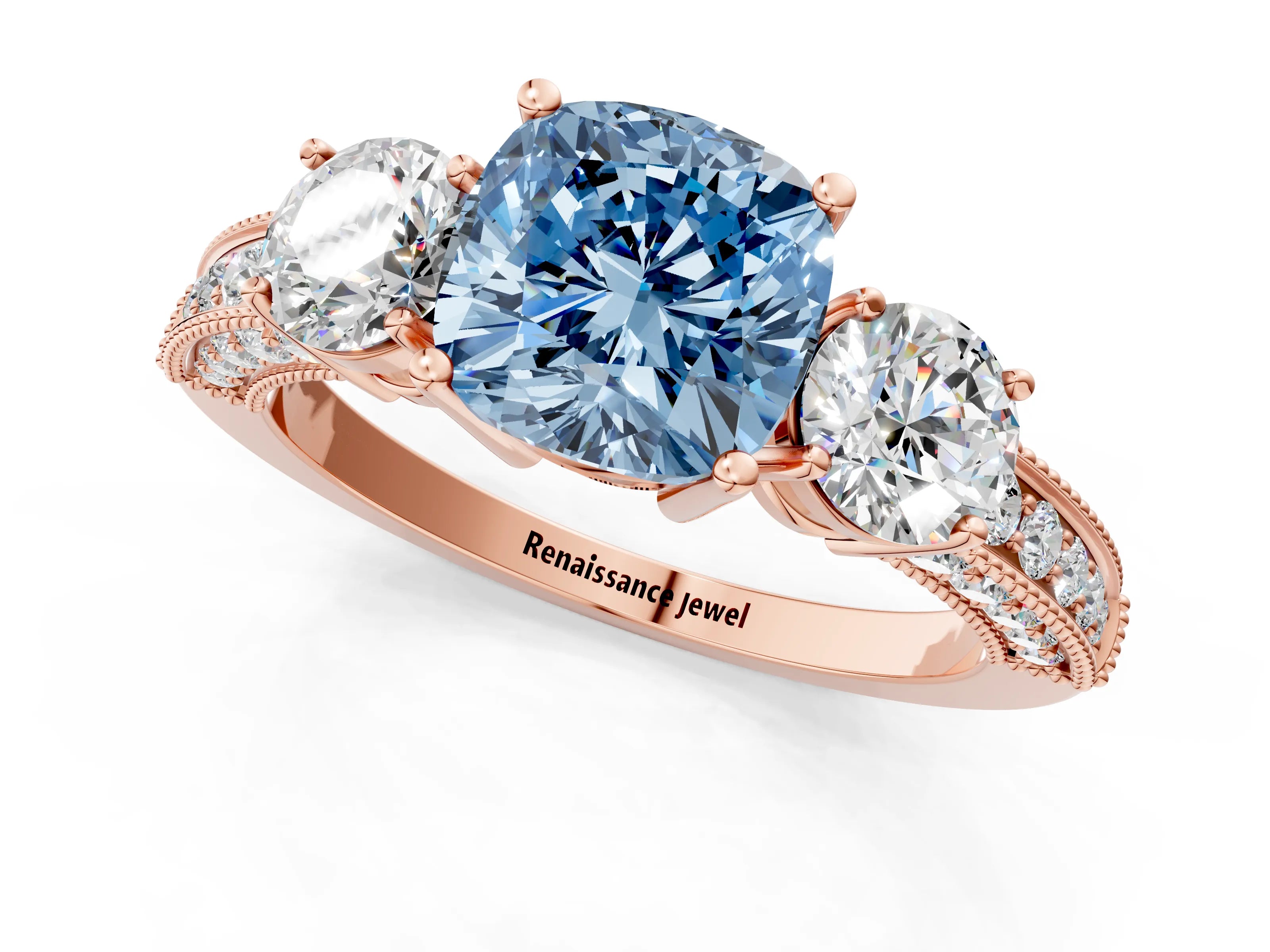Rose gold Fancy Blue Cushion Cut Three-Stone Diamond Ring with Pavé Band and Four-Prong Setting_1