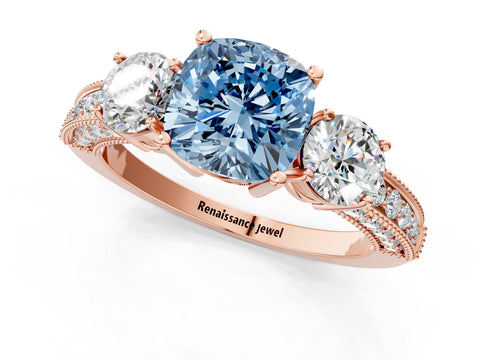Rose gold Fancy Blue Cushion Cut Three-Stone Diamond Ring with Pavé Band and Four-Prong Setting_1