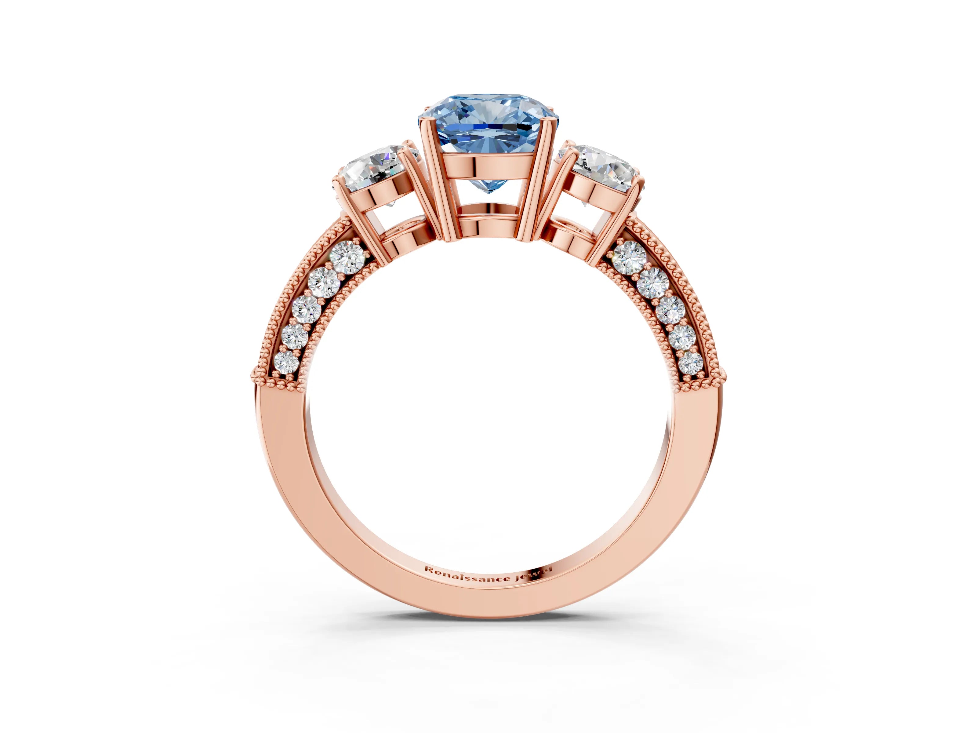 Rose gold Fancy Blue Cushion Cut Three-Stone Diamond Ring with Pavé Band and Four-Prong Setting_3