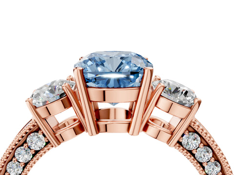 Rose gold Fancy Blue Cushion Cut Three-Stone Diamond Ring with Pavé Band and Four-Prong Setting_4