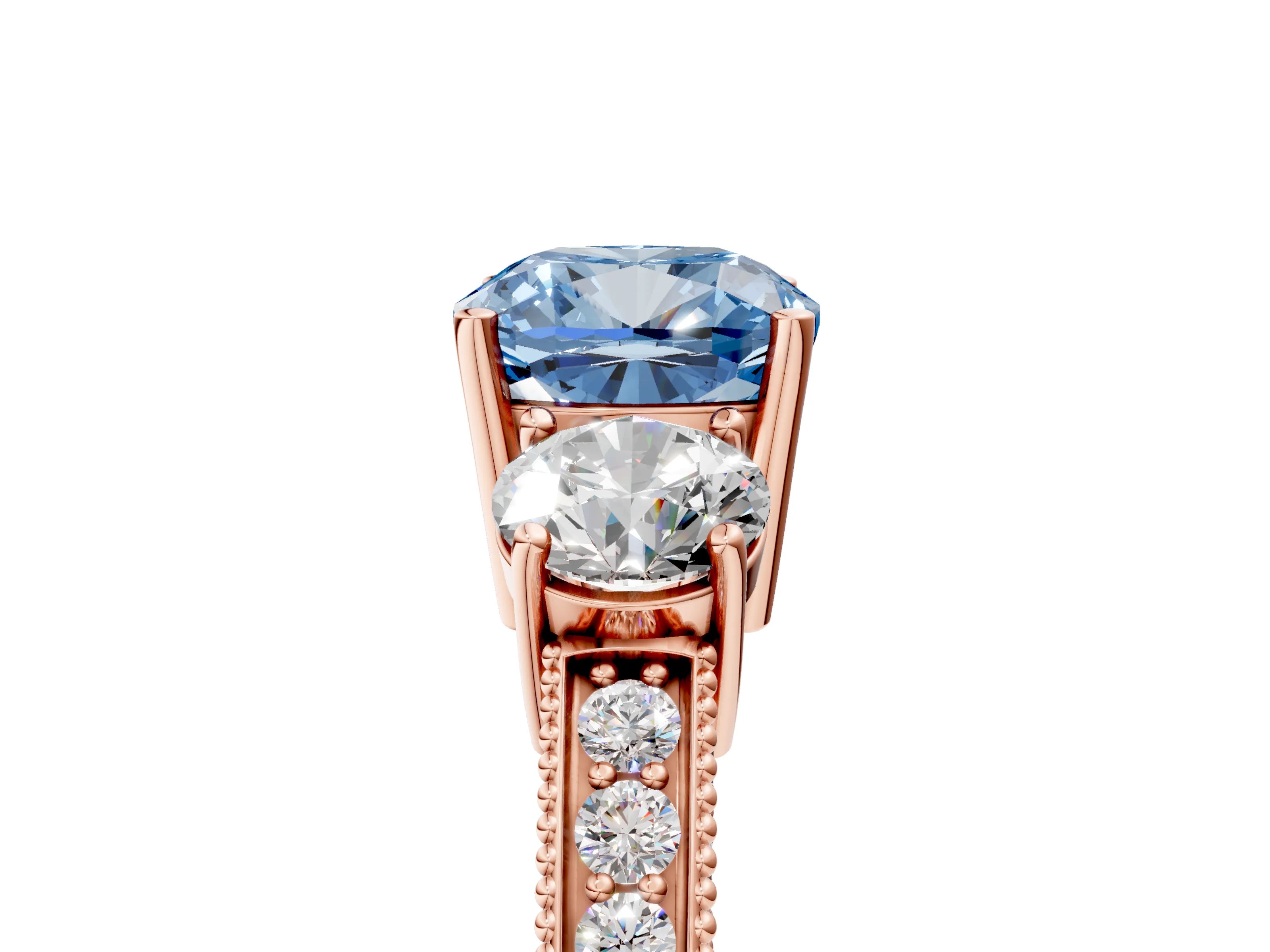 Rose gold Fancy Blue Cushion Cut Three-Stone Diamond Ring with Pavé Band and Four-Prong Setting_5