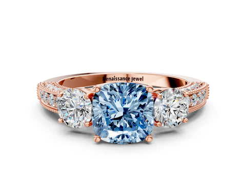 Rose gold Fancy Blue Cushion Cut Three-Stone Diamond Ring with Pavé Band and Four-Prong Setting