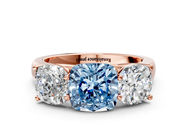 Rose gold Fancy Blue Cushion Cut Three-Stone Diamond Ring with Prong Setting on a Classic Band