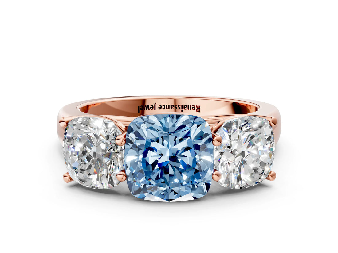 Rose gold Fancy Blue Cushion Cut Three-Stone Diamond Ring with Prong Setting on a Classic Band_12