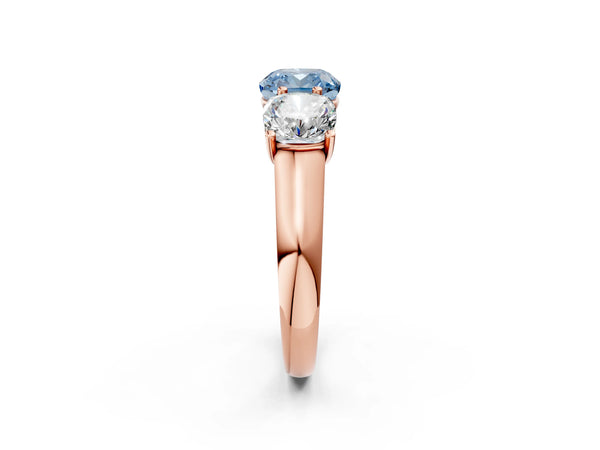 Rose gold Fancy Blue Cushion Cut Three-Stone Diamond Ring with Prong Setting on a Classic Band