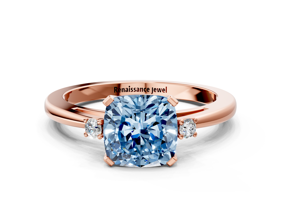 Rose gold Fancy Blue Cushion  Cut Three-Stone Solitaire Ring with Round Accent Diamonds and Four-Prong Setting_20