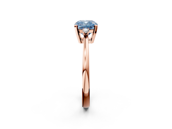Rose gold Fancy Blue Cushion  Cut Three-Stone Solitaire Ring with Round Accent Diamonds and Four-Prong Setting