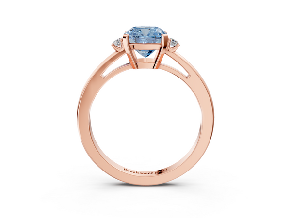 Rose gold Fancy Blue Cushion  Cut Three-Stone Solitaire Ring with Round Accent Diamonds and Four-Prong Setting