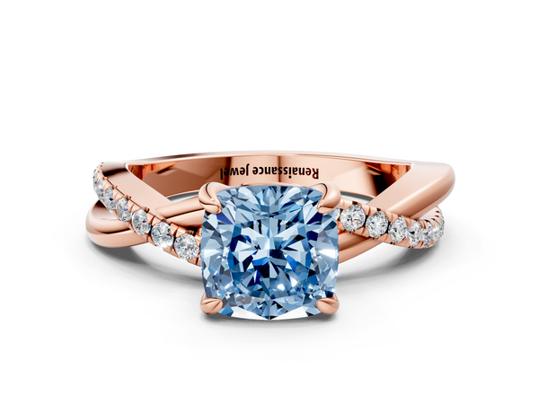 Rose gold Fancy Blue Cushion  Cut Twist Band Solitaire Diamond Ring with Pavé Setting