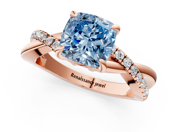 Rose gold Fancy Blue Cushion  Cut Twist Band Solitaire Diamond Ring with Pavé Setting