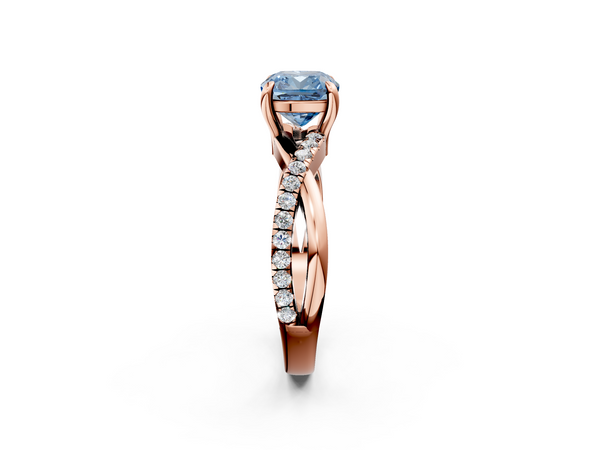 Rose gold Fancy Blue Cushion  Cut Twist Band Solitaire Diamond Ring with Pavé Setting