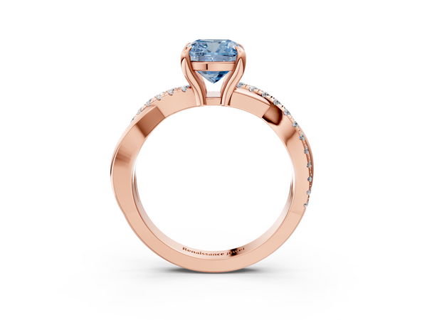 Rose gold Fancy Blue Cushion  Cut Twist Band Solitaire Diamond Ring with Pavé Setting