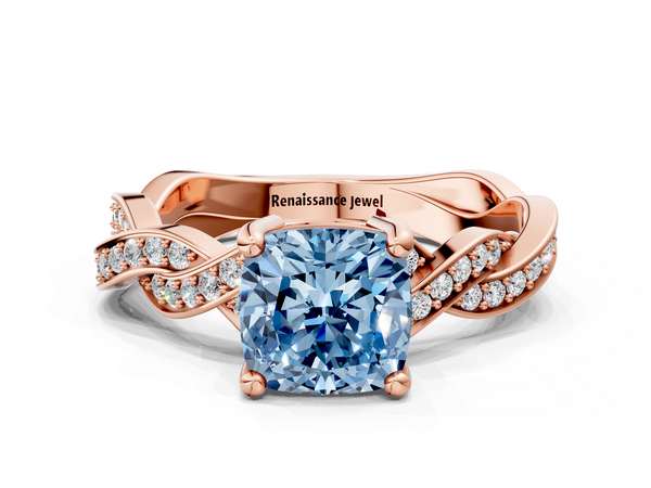 Rose gold Fancy Blue Cushion  Cut Twisted Pavé Band Solitaire Ring with Four-Prong Setting
