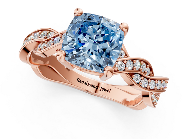Rose gold Fancy Blue Cushion  Cut Twisted Pavé Band Solitaire Ring with Four-Prong Setting