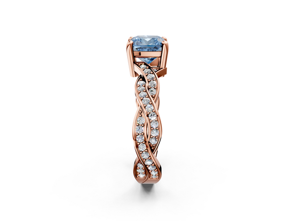 Rose gold Fancy Blue Cushion  Cut Twisted Pavé Band Solitaire Ring with Four-Prong Setting