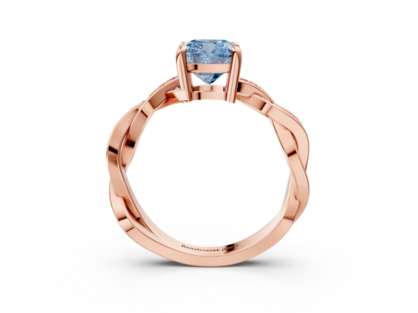 Rose gold Fancy Blue Cushion  Cut Twisted Pavé Band Solitaire Ring with Four-Prong Setting