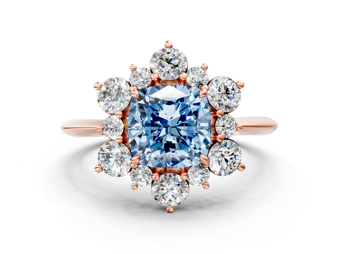 Rose gold Fancy Blue Cushion  Diamond Cluster Halo Ring with Solitaire Band and Four-Prong Setting_20