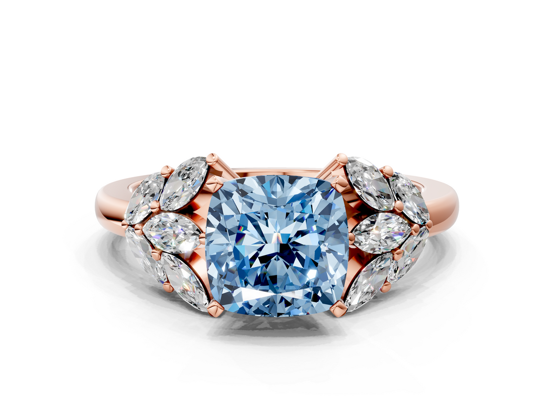 Rose gold Fancy Blue Cushion  Diamond Cluster Leaf Design Ring with Prong Setting_69