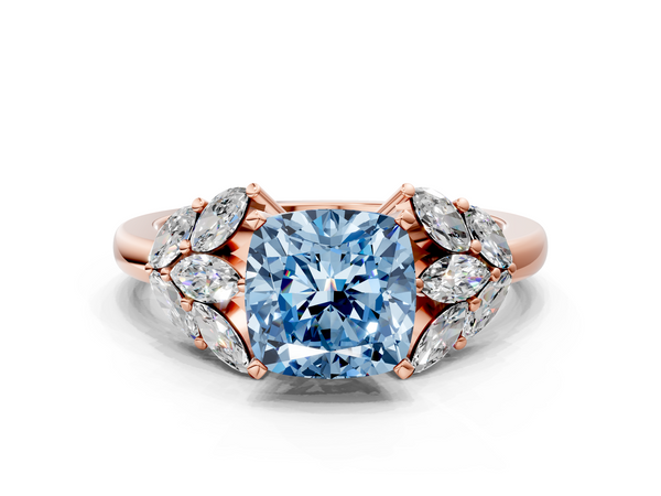 Rose gold Fancy Blue Cushion  Diamond Cluster Leaf Design Ring with Prong Setting