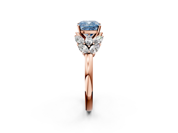 Rose gold Fancy Blue Cushion  Diamond Cluster Leaf Design Ring with Prong Setting