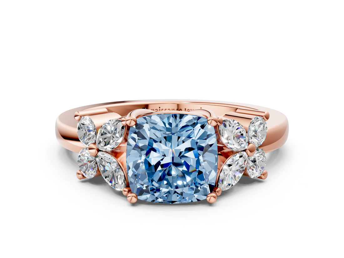 Rose gold Fancy Blue Cushion  Diamond Floral Cluster Ring with Solitaire Band and Prong Setting_51
