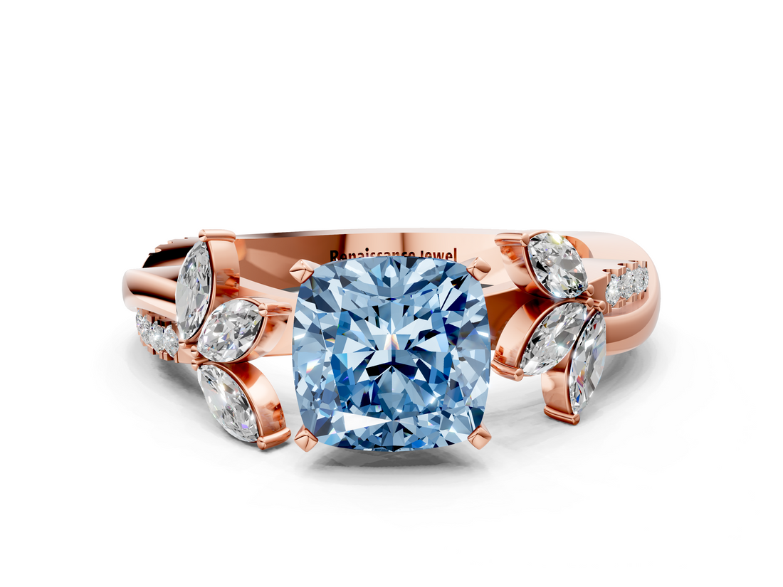 Rose gold Fancy Blue Cushion  Diamond Floral Vine Solitaire Engagement Ring_3
