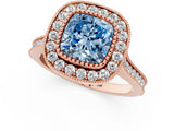 Rose gold Fancy Blue Cushion  Diamond Halo Ring with Milgrain Frame and Pavé Band 1