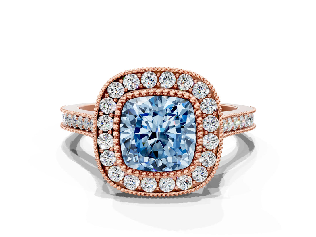 Rose gold Fancy Blue Cushion  Diamond Halo Ring with Milgrain Frame and Pavé Band