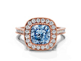 Rose gold Fancy Blue Cushion  Diamond Halo Ring with Milgrain Frame and Pavé Band