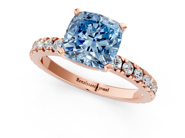 Rose gold Fancy Blue Cushion  Diamond Pavé Band Solitaire with Four-Prong Setting
