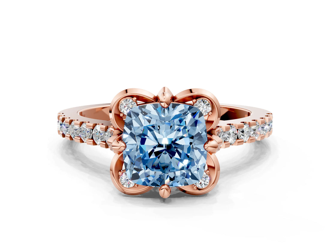 Rose gold Fancy Blue Cushion  Diamond Pave Band with Floral Prong Setting_27