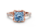 Rose gold Fancy Blue Cushion  Diamond Pave Band with Floral Prong Setting_27