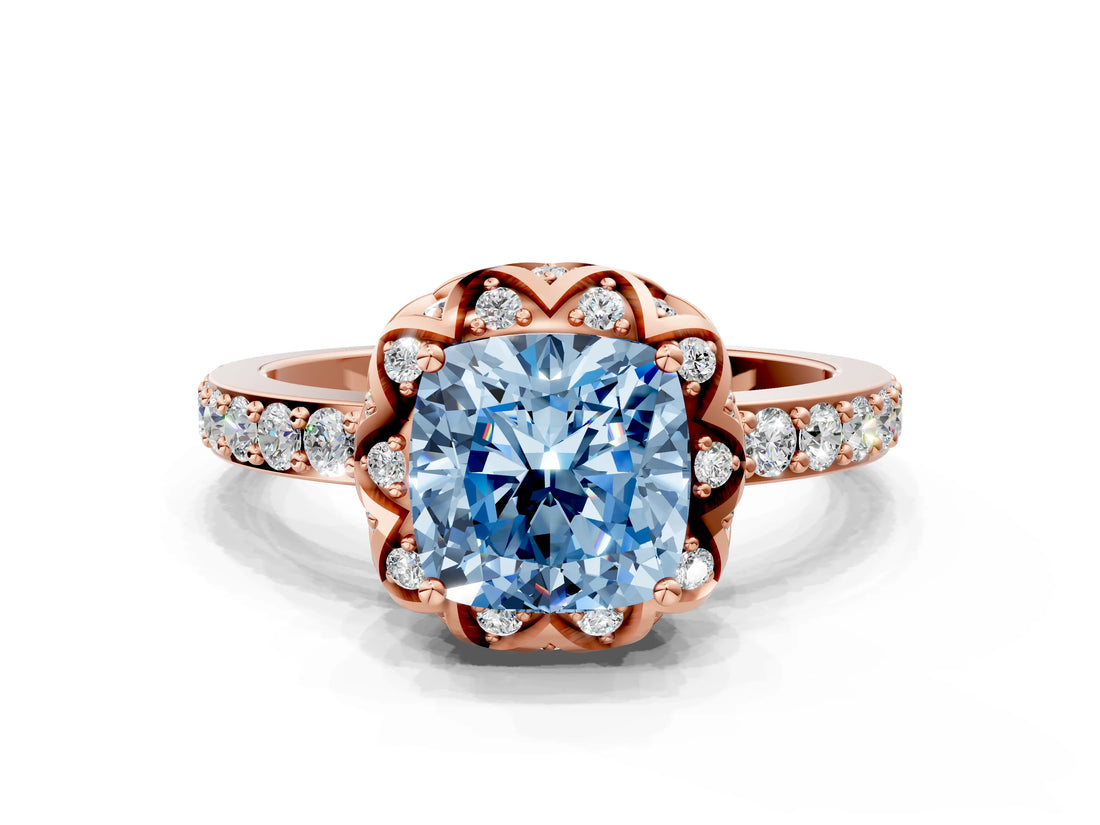 Rose gold Fancy Blue Cushion  Diamond Solitaire Ring with Shared Prong Pavé Band_53