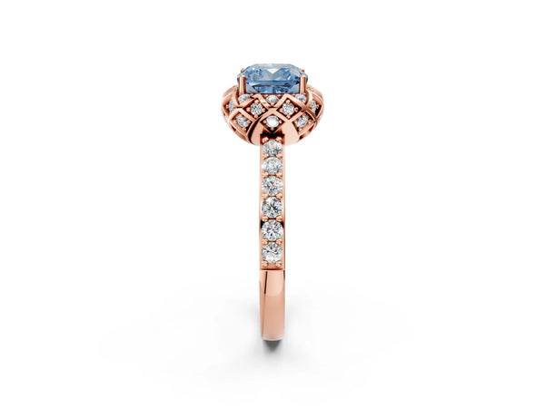 Rose gold Fancy Blue Cushion  Diamond Solitaire Ring with Shared Prong Pavé Band