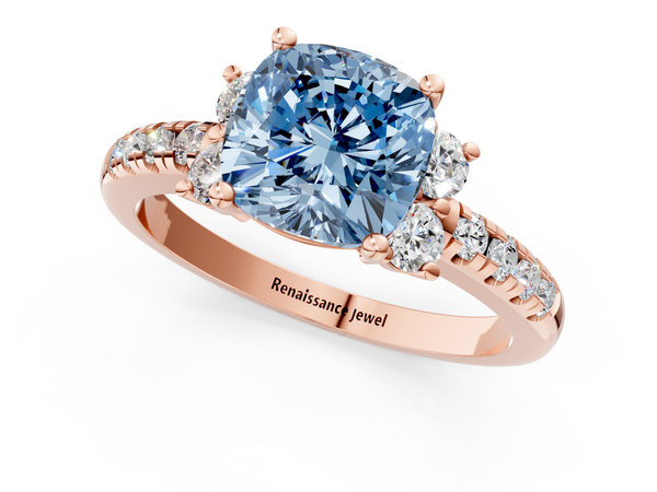Rose gold Fancy Blue Cushion  Diamond Three-Stone Pave Band with Four-Prong Setting