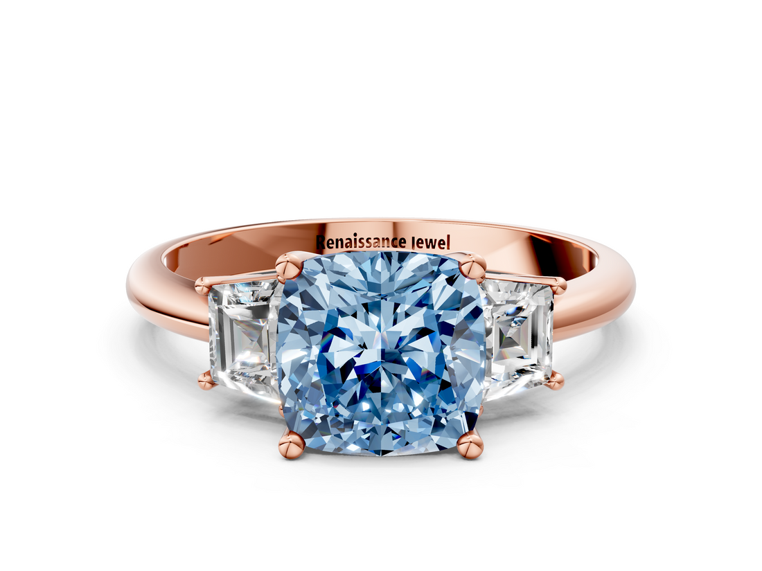 Rose gold Fancy Blue Cushion  Diamond Three-Stone Ring with Trapezoid Side Stones and Prong Setting_35